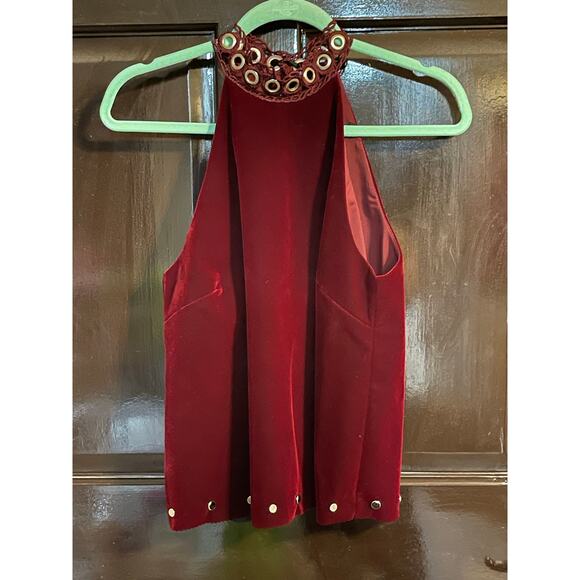 Studded Merlot Red Velvet Halter Babydoll Top - EUC - Size S - Picture 6 of 11